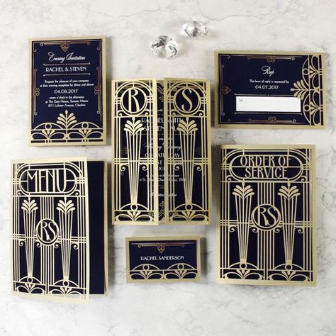 Art Deco Wedding Invites | Deco Weddings Art Deco Wedding Stationery, Art Deco Wedding Theme, Deco Wedding Invitations, Art Deco Invitations, Art Deco Party, 20s Wedding, Rachel Stevens, Art Deco Wedding Invitations, Golden Art