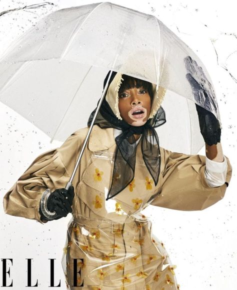 Umbrella Editorial, Raincoat Outfit, Elle Us, Under The Rain, Winnie Harlow, Coat Street Style, Walking In The Rain, Coat Outfit, Raincoats For Women