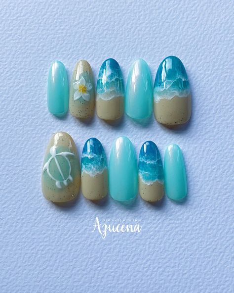 "These cute press on nails, Ready to wear.  This is for a QUICK and EASY manicure, hand painted and durable.  Nail shape in photo : round short Each order contains :  * 10 x press on nails of your size * 1 x nail file * 1 x adhesive tab sheet (24 tabs)  * 2 x alcohol wipe  * 1 x wood stick All of my works are hand painted and I do not use any stamps, stickers, rhinestones or other parts. Therefore, please understand that there may be slight differences in color and shape, and that it takes time Acrylic Nails Beach Theme, Aquatic Nail Designs, Beach Nails Seashell, Boat Nail Art, Cute Nails Press On, Ocean Vibe Nails, Cute Hawaiian Nails, Hawaiian Pedicure, Hawaii Theme Nails