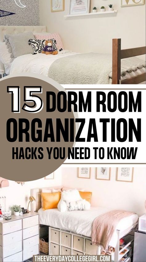 These dorm room organization ideas and hacks will make dorm living so much easier! Dorm Room Storage Ideas, Dorm Room Paintings, Dorm Room Organization Storage, Room Organization Hacks, Dorm Room Essentials List, Dorm Room Organization Diy, Dorm Room Necessities, College Dorm Organization, Dorm Hacks