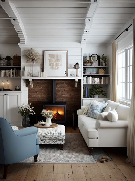 Scandinavian Cottage Living Room, Small English Living Room, Cape Cod House Interior Ideas Living Room, Small Cottage Interiors Living Room, New England Style Living Room, Cape Cod House Interior Ideas, Small Cottage Living Room, Americana Living Rooms, Small Cottage Interiors