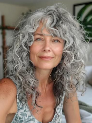 Curly Wigs For White Women, Grey Human Hair Wigs, Long Lace Front Wigs, Wigs For White Women, Grey Curly Hair, Grey Wig, Curly Hair Women, Curly Hair With Bangs, Wig Styles