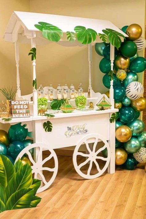 Don't miss this fabulous Wild One Safari 1st birthday party! The cart is adorable! See more party ideas and share yours at CatchMyParty.com Safari Candy Table, Safari Table Decorations, Wild One Birthday Party Ideas, Safari Wild One Birthday Party, One Birthday Party Ideas, Safari 1st Birthday Party, Safari 1st Birthday, Safari Wild One, Safari Party Favors