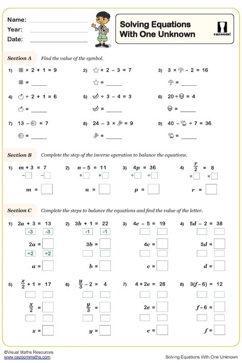 Enhance your math skills with this outstanding worksheet on Solving Equations with One Unknown. Get ready to tackle various question types that will help you master finding missing values in different equations. Perfect for students looking to boost their problem-solving abilities and gain confidence in algebra exercises. Step up your equation-solving game with this comprehensive resource! Simple Equations Worksheet, Ks3 Maths Worksheets, Year 9 Maths Worksheets, Ks1 Maths Worksheets, Year 8 Maths Worksheets, Solving Two Step Equations, Year 5 Maths Worksheets, Year 6 Maths Worksheets, Year 2 Maths Worksheets