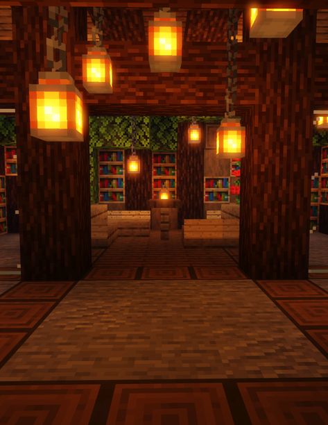 Minecraft Library Room Ideas, Inside Of House Minecraft, Overgrown Library Minecraft, Mincraft Idea Inside, Minecraft Reading Corner, Minecraft Tree Library, Minecraft Aesthetic Library, Minecraft Skylight, Minecraft Library Aesthetic