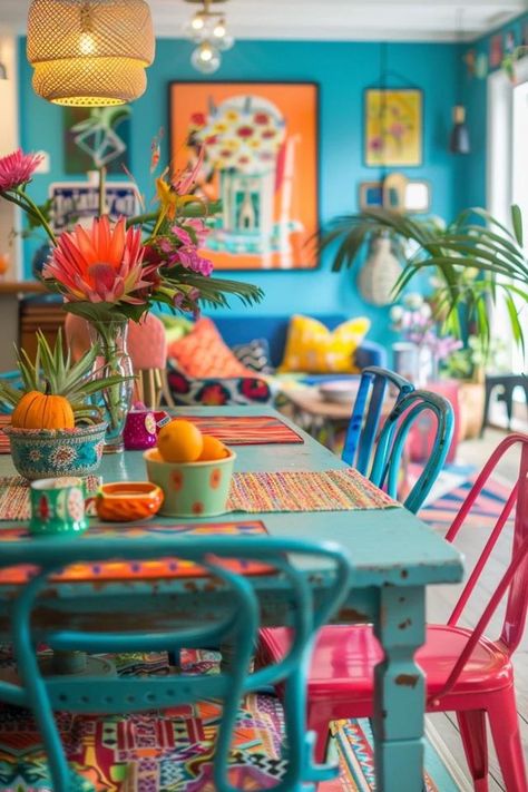 Bohemian Dining Room Ideas I Love to Share! Funky Dining Room Ideas, Colourful Eclectic Interiors, Colourful Dining Chairs, Bohemian Dining Room Ideas, Colorful Dining Room Ideas, Colourful Dining Room, Bohemian Style Dining Room, Eclectic Dining Room Ideas, Fun Dining Room