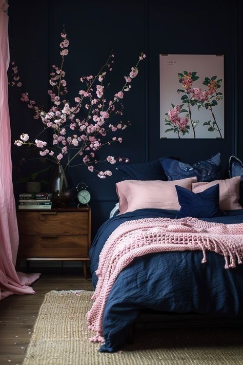 Dark Blue And Blush Bedroom, Rose Pink And Black Bedroom, Black And Dusty Rose Bedroom, Bedroom Ideas Colour Scheme, Feminine Navy Bedroom, Black Floral Bedroom, Pink And Navy Bedroom, Navy And Pink Bedroom, Sonic Bedroom