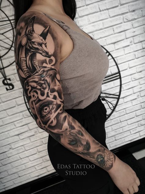 Egyptian Tattoos For Women, Egyptian Tattoo Sleeve Women, Tattoo Manga Mujer, Egyptian Tattoo For Women, Egyptian Tattoo Sleeve, Anubis Tattoo, Manga Tattoo, Egyptian Tattoo, Sleeve Tattoos For Women