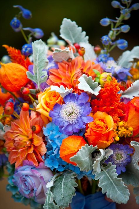 Lilac Orange And Blue Wedding, Orange And Blue Wedding, Flower Combos, August Wedding Colors, Sept Wedding, Blue Yellow Weddings, Orange Centerpieces, Orange Wedding Themes, Red Bridal Bouquet