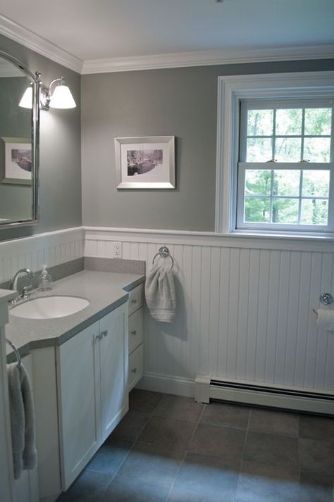 Bathroom Wainscotting, New England Bathroom, Bathroom Wainscoting, Beadboard Bathroom, Bad Inspiration, Trendy Bathroom, Grey Bathrooms, Bath Room, Bathroom Colors