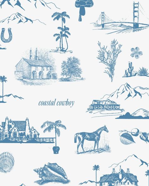 The often imitated Coastal Cowboy western toile print. Why? This is not just any print - to us. To us, this print holds so much meaning. It was made from a multitude of illustrations and brought together to make this beautiful print y’all have loved so so much. When I see our print copied, stolen, imitated, and also made in a specific shade of blue - it’s like a knife to the heart. While “coastal cowgirl” has made its way into the internet world as a viral trend, it didn’t start that way fo... Cowboy Blue Aesthetic, Coastal Cowgirl Widgets, Coastal Cowgirl Background, Costal Cowgirl Wallpapers, Blue Western Aesthetic, Blue Country Aesthetic, Coastal Cowboy Aesthetic, Coastal Cowgirl Wallpaper, Costal Cowboy