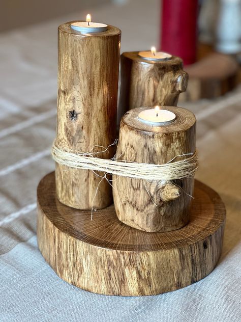 This candle holder is made from natural wood and stained. Christmas Woodworking Projects, Candle Holders Decor Ideas, Wooden Candle Holders Rustic, Wood Log Projects, Simple Wood Projects, Diy Wood Decor, Small Wood Projects To Sell, Homemade Candle Holders, Wood Candle Lantern