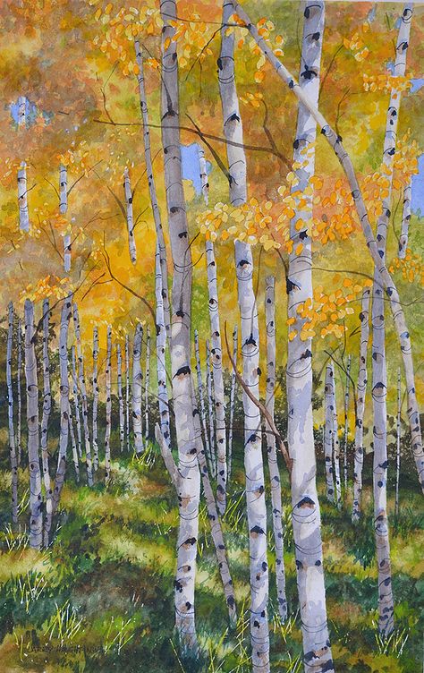 Recent works by Watercolor artist, Larry C. Haught Painting Acrylic Easy, 자작나무 그림, Aspen Trees Painting, Aspen Forest, Aesthetic Watercolor, Easy Landscape, Birch Tree Art, Birch Tree Painting, Colorado Artists