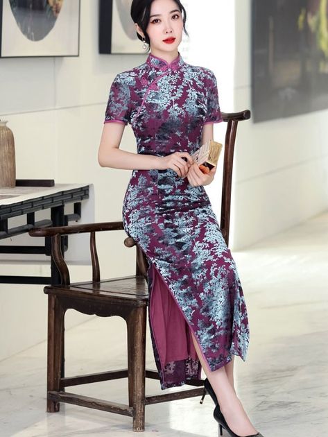 Purple Mothers Velvet Maxi Qipao Cheongsam Dress Qipao Cheongsam, Velvet Maxi, Qipao Dress, Custom Made Clothing, Cheongsam Dress, Floral Print Maxi, Hip Dress, Cheongsam, Lining Fabric