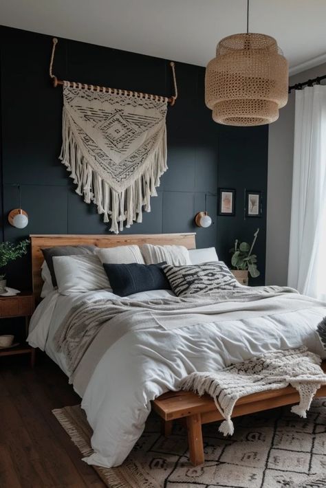 25 Bold Black Accent Wall Bedroom Ideas to Upgrade Your Space - Roomy Retreat Black Bedroom Walls Inspiration, Dark Feature Wall Bedroom, Black Accent Wall Bedroom Ideas, Accent Wall Bedroom Ideas, Black Accent Wall Bedroom, Wall Bedroom Ideas, Black Walls Bedroom, Black Accent Wall, Black Accent Walls