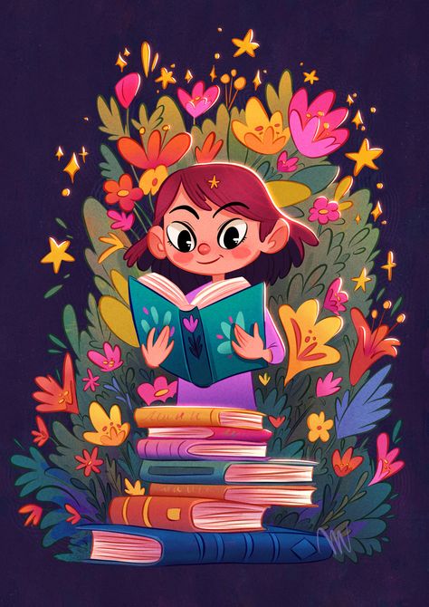 Let your imagination flourish! on Behance Book Imagination Illustration, Cute Library Illustration, Story Book Illustrations, Book Club Illustration, Kids Book Illustration Ideas, Kid Character Design, Library Drawing, Imagination Illustration, Whimsical Photography