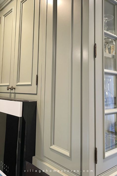 image of cabinet end of inset cabinet kitchen with inset decorative door Virginia Mist Granite, Evergreen Fog Paint, Sherwin Williams Evergreen Fog, Evergreen Fog, Home Stores, Inset Cabinets, Village Home, Painted Cabinets, Cabinet Kitchen