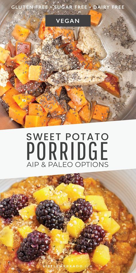 Sweet potato porridge with raspberries, mango, quinoa and chia seeds Aip Breakfast Porridge, Sweet Potato Porridge, Potato Porridge, Vegan Porridge, Best Healthy Breakfast, Histamine Diet, Aip Breakfast, Breakfast Porridge, Low Histamine Diet