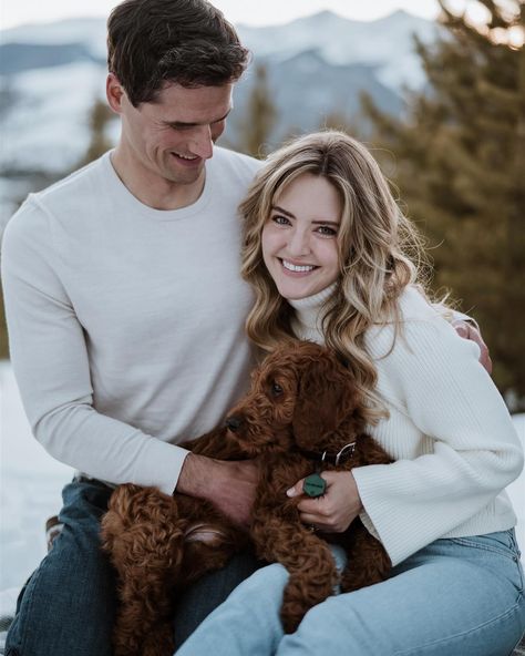 Get a new puppy. ✔️ Book a photo shoot to celebrate. ✔️ See more of Megan & Tyler + sweet puppy Archie on our blog! #basecampvisual #exploreyourstory Christmas Photos With Dogs Xmas Cards, Holiday Card Photo Ideas With Dog, Christmas Card Photo With Dog, Couple Christmas Card Photo Ideas With Dog, Christmas Card With Dog Couple, Christmas Card Photo Ideas With Dog, Couple Christmas Card, Christmas Family Photoshoot, Photo Mood