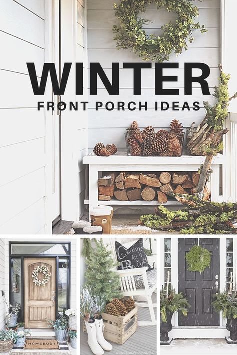 Front Porch Christmas Garland Ideas, Front Porch Garland Ideas, Winter Front Porch Ideas After Christmas, White Christmas Outdoor Decor, Farmhouse Christmas Decor Front Porches, Outdoor Garland Christmas Porches, Front Porch Winter Decor, Winter Porch Decorating Ideas, Garland Porch