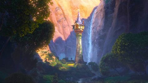 Beautiful landscape of the tower☀️��💜 Tangled Castle, Tangled Tower, Tangled Movie, Rapunzel Tower, Tangled 2010, Frozen And Tangled, Disney Wall, Landscape Concept, Disney Tangled