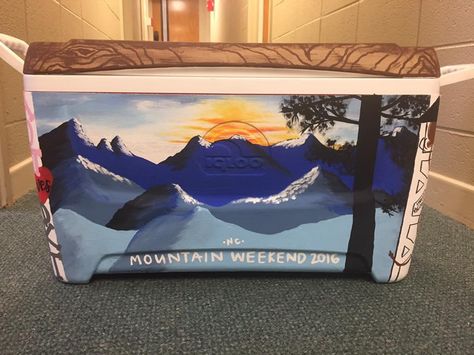 mountain weekend landscape cooler Bling Flask, Mountain Weekend Cooler, Painted Fraternity Coolers, Nola Cooler, Formal Coolers, Cooler Connection, Fraternity Cooler, Painted Coolers, Shot Ski