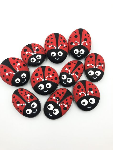 Ladybug Pebbles Set, 10 Ladybird Painted Stones, Hand Painted Ladybug Stones, Garden Pebbles, Decorative Painted Rocks, Ladybug Sorting Game - Etsy Rock Painting Ideas Easy Ladybug, Rock Ladybugs Painted, Fall Ladybug Painted Rocks, Stone Painting Ladybug, Ladybird Stone Painting, Garden Pebbles, Painted Ladybug, Stones Garden, Sorting Games