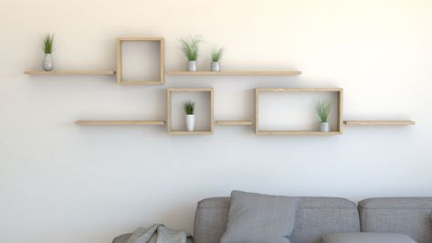 Sqaure Wall Shelves, Shelf Layout Ideas, Living Room With Floating Shelves, 2023 Modern Living Room, Living Room Decor 2023, Room With Floating Shelves, Wall Shelf Arrangement, Room Decor 2023, Floating Shelf Ideas