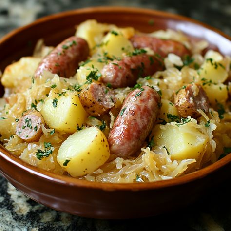 Polish Sausage, Sauerkraut, and Potatoes is a hearty and comforting dish that’s rich in flavor and perfect for those who love a savory, home-cooked meal. The combination of smoky sausage, tangy sauerkraut, and tender potatoes creates a delightful harmony of tastes and textures.       This dish is especially wonderful during the colder months, as it warms you from the inside out. It's a simple yet satisfying recipe that comes together quickly, making it a great option for busy weeknights. If ... Cabbage Sausage Potatoes Dutch Oven, Sausage Potato And Sauerkraut, Sauerkraut And Brats, Sausage Potatoes And Sauerkraut, Polish Sausage And Sauerkraut In Oven, Sauerkraut And Potatoes Recipes, Kielbasa Sauerkraut And Potatoes, Sausage And Sauerkraut Recipes, Sausage Sauerkraut Potatoes