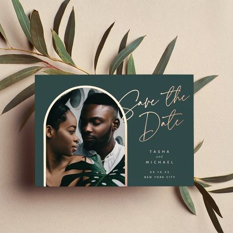 $3.95 | Horizontal Foil Arch | Photo Save The Date - save the date, arch photo, vertical photo, elegant, handwritten script, chic, dark color, unique, rose gold foil, forest green Save The Date Design, Elegant Save The Date, Arch Photo, Gold Save The Dates, Date Design, Save The Date Designs, Photo Save The Date, Script Typography, Foil Wedding Invitations