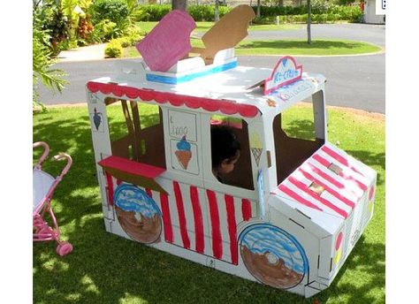 Recycle boxes to create an ice cream truck! Carton Diy, Cardboard Car, Kindergarten Themes, Ice Cream Van, Play Centre, Upcycle Recycle, Ice Cream Truck, Ice Cream Party, Dramatic Play