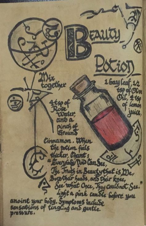 Book of Shadows; Beauty Potion Fake Witch Spells, Fake Spell Book, Beauty Potions Witchcraft, Witchcraft Potions, Potion Book, Beauty Potion, Potions Book, Potions Recipes, Witchcraft Spells For Beginners