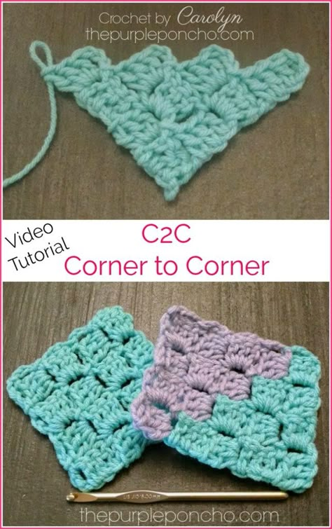 DIY Crochet Tutorial – C2C Corner-To-Corner! – The Purple Poncho. Learn How to C2C - Video Tutorial. Diy Crochet Tutorial, Crochet C2c Pattern, C2c Crochet Pattern Free, Crocheted Squares, C2c Crochet Pattern, Box Stitch, Crochet Diy Tutorial, Corner Crochet, Corner To Corner Crochet