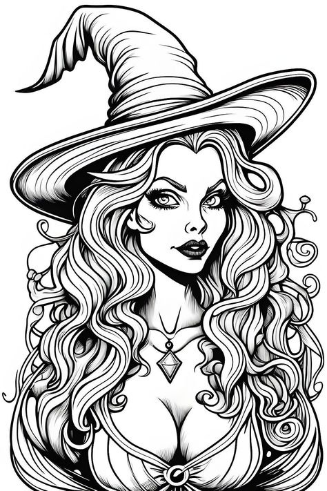 Witch Drawing Pencil, Witchy Coloring Pages, Witch Sketch, Halloween Colouring, Tattoo Coloring Book, Witch Drawing, Witch Coloring Pages, Skull Coloring Pages, Adult Coloring Books Printables