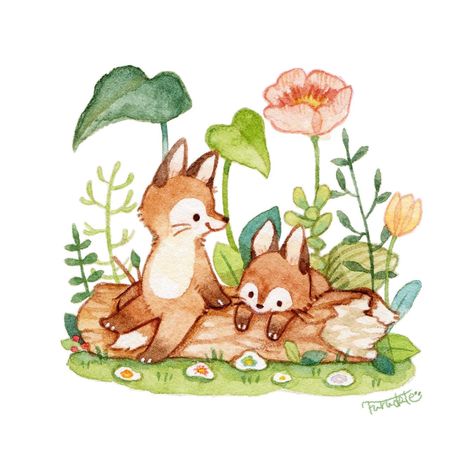 Animal Cute Illustration, Cute Spring Art, Cute Illustration Art, Watercolor Kawaii, Cute Animal Art, Fox Watercolor, 동화 삽화, Watercolor Cute, 강아지 그림