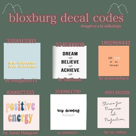 bloxburg ‘positive quote’ decal codes for your bloxburg build! Dorm Room Decals Bloxburg, Bloxburg Principal Office Decal, Roblox Decal Codes Quotes, Quotes Codes Bloxburg, Bloxburg Yoga Decal Codes, Bloxburg Principals Office Decals, Bloxburg Classroom Number Decals, Bloxburg Towns Small Plot, Bloxburg Principals Office