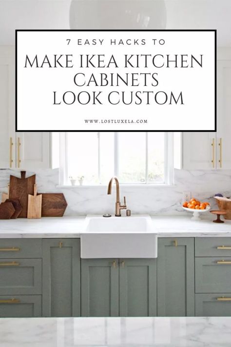 7 Easy Ways to Make Ikea Kitchens Look Custom | Lost Luxe Ikea Custom Kitchen Cabinets, Ikea Cottage Kitchen Ideas, Ikea Kitchen Blue Cabinets, Kitchen Design Dark Wood Floor, Ikea Kitchen Wood Countertops, Ikea Kitchen Cabinets Colors, Kitchen Diy Cabinets Ikea Hacks, Kitchen Remodel Ikea Cabinets, Ikea Kitchen Inspiration Modern