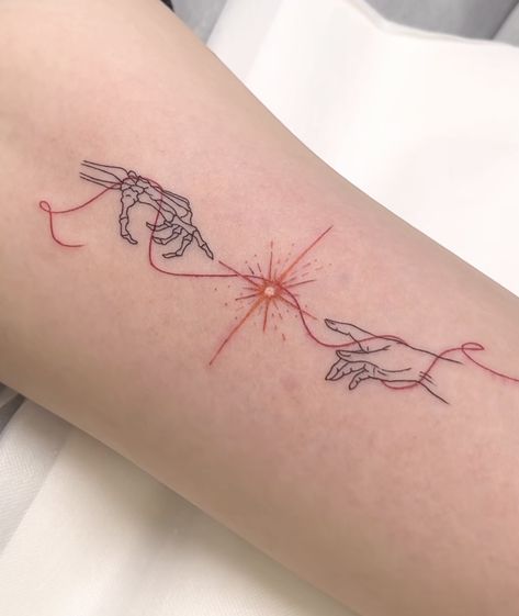 Hand With Fire Tattoo, Amor Eterno Tattoo Ideas, Redline Tattoo, Red String Tattoo Couple, Invisible Strings Tattoo, Twin Flame Symbol Tattoo, Circus Tattoo Ideas, Red String Theory Tattoo, Three Fates Tattoo