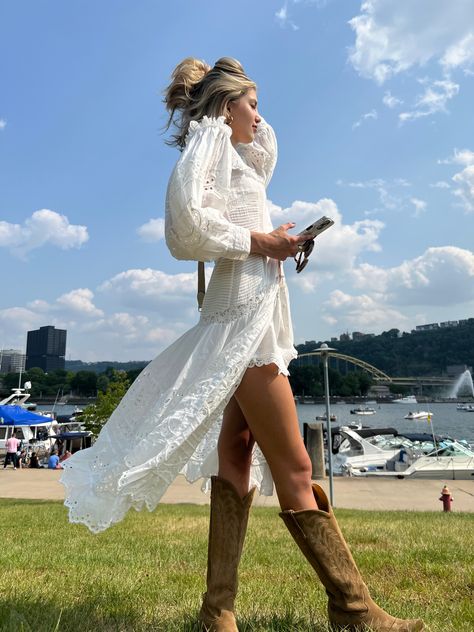 Love shack fancy white linen dress. Tan suede cowboy boots JRC and sons from Cavenders. Country Chic Dresses With Boots, Lace Dress With Cowboy Boots, White Silk Dress With Cowboy Boots, Cowboy Boots White Dress, White Cowgirl Dress, White Boots For Western-themed Summer Events, White Western Style Summer Boots, White Sundress And Cowboy Boots, White Linen Dress Aesthetic