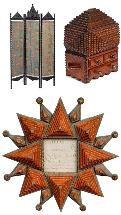 A Brief Compendium of Tramp Art Tramp Art Furniture, Craftsman Mirrors, Medieval Core, But Is It Art, Wallpaper And Tiles, Tramp Art, Messy Nessy Chic, Object Design, Antique Folk Art