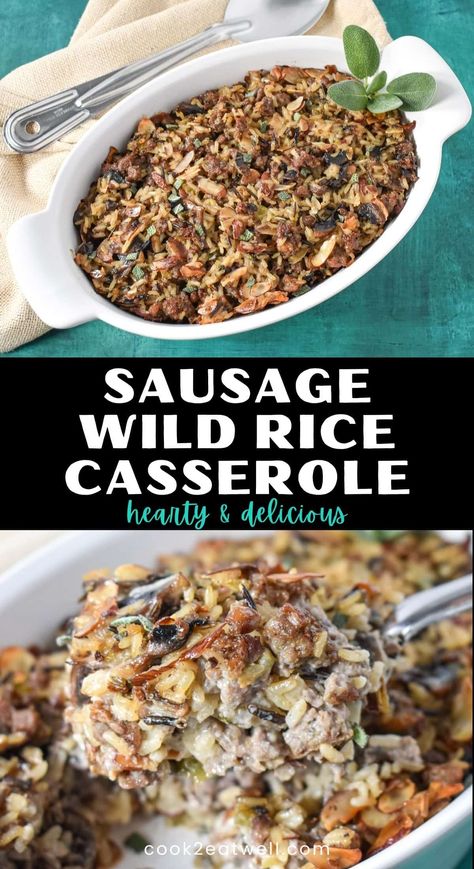 This sausage wild rice casserole works perfectly as a side dish or a standalone meal. It is packed with flavorful and budget-friendly ingredients including pork sausage, a wild and long grain rice mix, mushrooms, almonds, and cream of mushroom soup. Dinners With Wild Rice, Wild Rice And Beef Recipes, Meals With Wild Rice, Wild Rice Dinner Recipes, Long Grain Rice Casserole, Wild Rice Sausage Casserole, Wild Rice Side Dish Recipes, Hamburger Wild Rice Casserole, Wild Rice Casserole Recipes