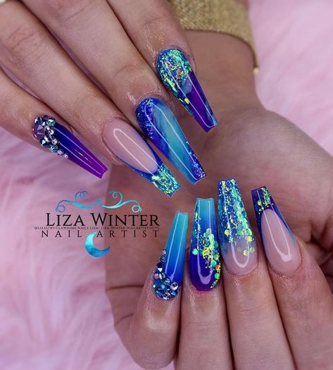 Liza Winter Nails, Purple And Turquoise Nails, Aquarius Nails Designs, Purple And Teal Nails, Royal Purple Nails, Nail Signs, Short Coffin Nails Designs, Ocean Nails, Purple Ocean