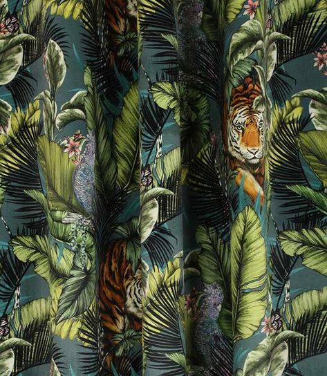 Tiger Stalking, Tiger Fabric, Jungle Foliage, Fabric Curtains, Prestigious Textiles, Bengal Tiger, Contemporary Fabric, In The Jungle, Jungle Theme