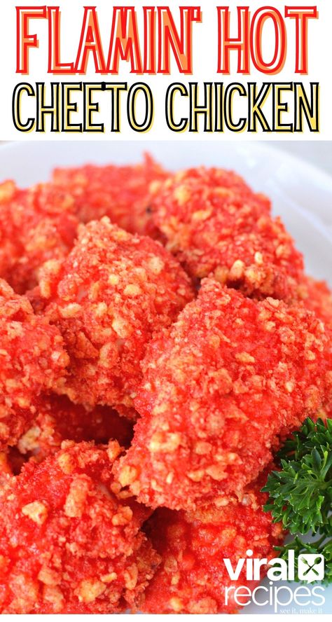 Use Flamin' Hot Cheetos (any flavor!) to make crunchy crispy baked chicken with the spicy taste of Cheetos! Flamin’ hot Cheeto chicken tenders are an easy, Cheeto cheesy, spicy, and epic chicken bite you can make in your kitchen.If you love a crispy chicken strip and a bag of Flamin Hot Cheetos, this combination will be the flavorful chicken of your dreams! #chicken #strips #nuggets Hot Cheetos Chicken Tenders, Hot Cheeto Chicken, Cheeto Chicken, Hot Cheetos Chicken, Cheetos Chicken, Cheetos Flamin Hot, Spicy Chicken Bites, Flamin Hot Cheetos, Chicken Strip