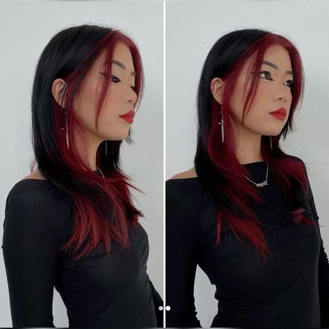 Red Hair Color Peekaboo, Vibrant Peekaboo Hair, Black Hair With Red Peekaboos, Red And Black Peekaboo Hair, Red Hair Black Underneath, Red Hair With Black Money Piece, Dark Red Money Piece Hair, Peekaboo Highlights Black Hair, Dark Hair With Red Money Piece