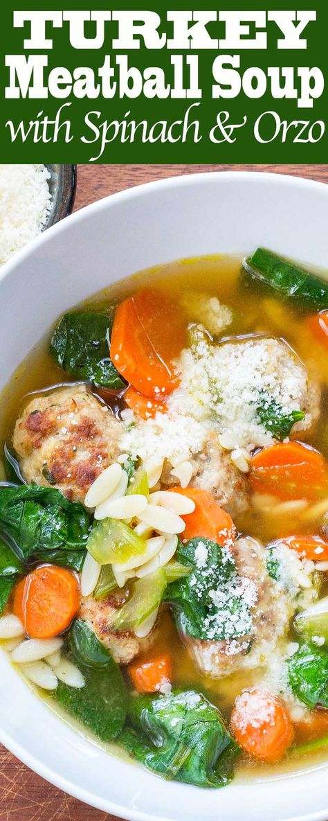 Turkey meatballs in an easy soup with spinach and orzo! Make and freeze the meatballs for a quick weeknight meal whenever you need one! Soup Easy Quick, Spinach And Orzo, Turkey Meatball Soup, Soup With Spinach, Turkey Meatball, Orzo Recipes, Soup Easy, Meatball Soup, Spinach Soup