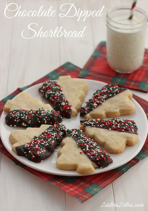 Chocolate-Dipped Shortbread Cutouts- one of my favorite cookie recipes to make for Christmas and year-round (from 2 Sisters 2 Cities) #12daysofchristmascookies #christmas #christmascookies Xmas Cakes, Dipped Cookies, 2 Sisters, Favorite Cookie Recipe, No Bake Bars, Xmas Cookies, God Jul, Christmas Cooking, Brownie Cookies