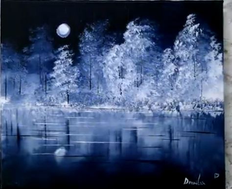 Canvas Art Black Background Acrylic Paintings, Free Acrylic Painting Tutorials, Painting On A Black Canvas, Black Canvas Art Easy, Paintings With Black Background Easy, Canvas Winter Painting, Winter Landscape Painting Acrylic Easy, Black Canvas Art Ideas Easy, Christmas Art Painting Acrylic