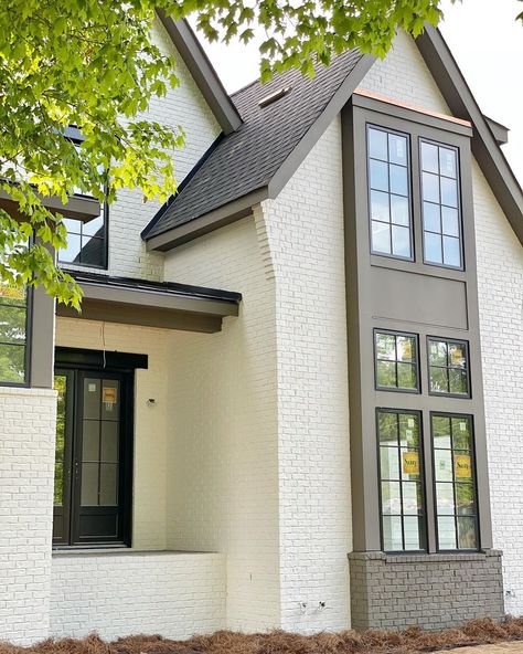 AMBER | Spec Home Designs on Instagram: “Y’all I am DEAD. 😍 Our house is FINALLY painted and I could not be more in IN LOVE! ❤️🎉 This was seriously THE. MOST. DIFFICULT. decision…” White House With Painted Brick, Exterior White Brick, Brick Houses Painted, White House Tan Trim, Urban Bronze Trim Exterior Colors, House Paint Exterior Farmhouse, Neutral Outside House Colors, Cream Color Home Exterior, Mushroom Colored House Exterior