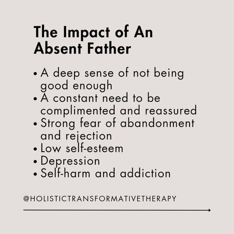 Growing up with an absent father, whether emotionally, physically or both, can leave deep scars. For many, the father represents a sense of safety, guidance and unconditional support. When this is missing, it can lead to feelings of abandonment, low self-worth and difficulty forming healthy relationships later in life. Children of emotionally absent fathers may struggle with emotional regulation, constantly seeking validation or approval, often feeling unseen or unheard. Without that nurturi... Emotionally Absent Parents, Emotionally Absent Fathers, Toxic Father Daughter Relationship, Feeling Unseen, Seeking Validation, Break Quotes, Absent Father, Low Self Worth, Father Daughter Relationship